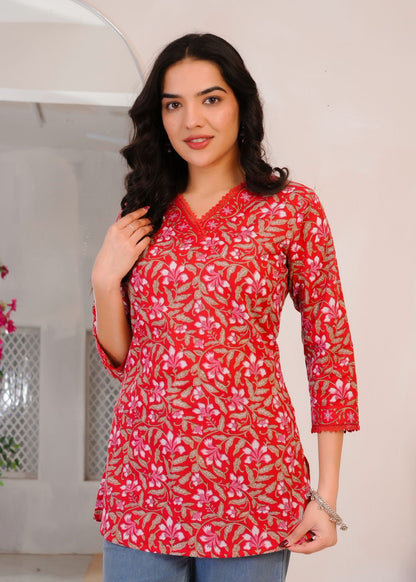 Red Phulkari Cotton Top