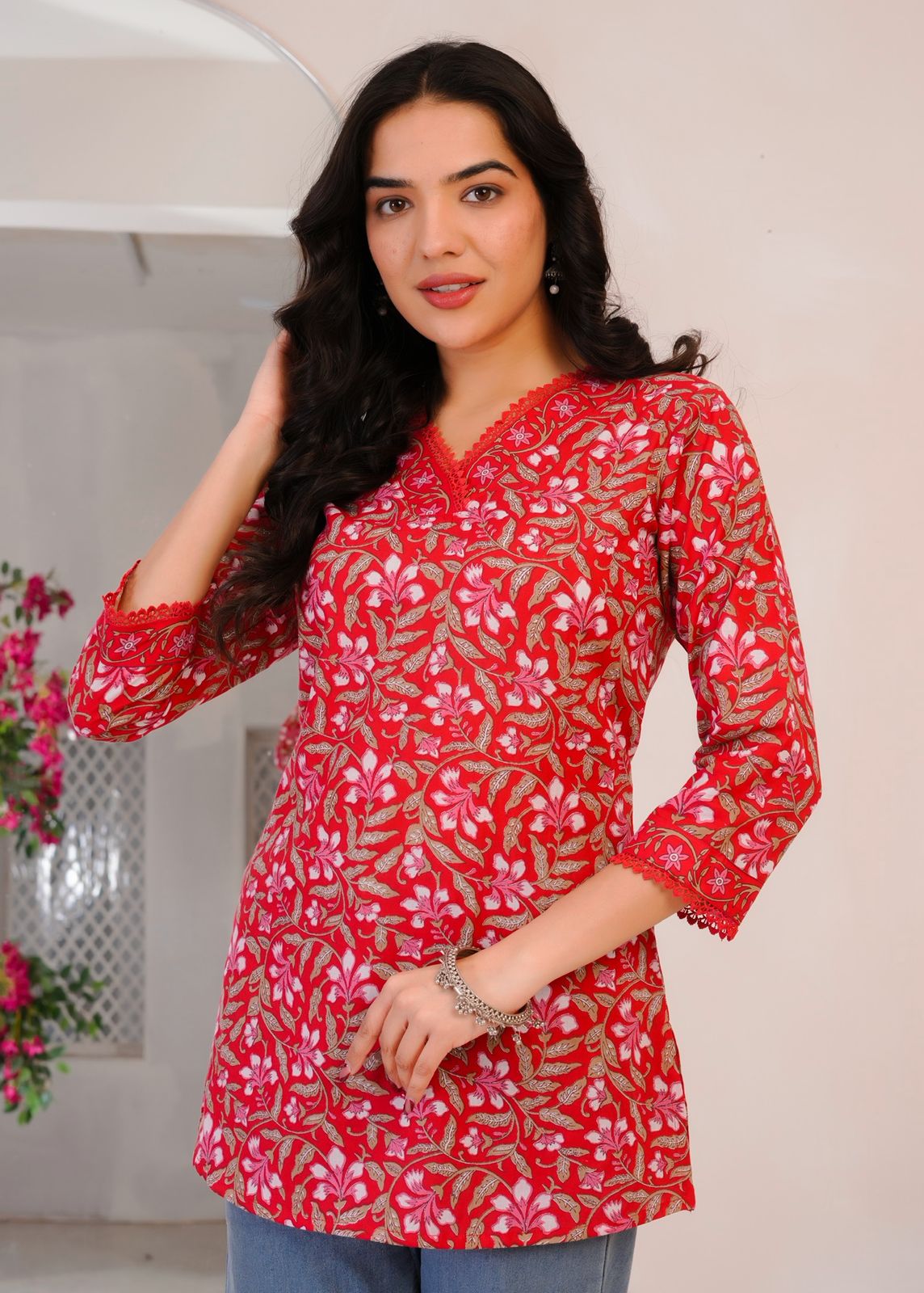 Red Phulkari Cotton Top