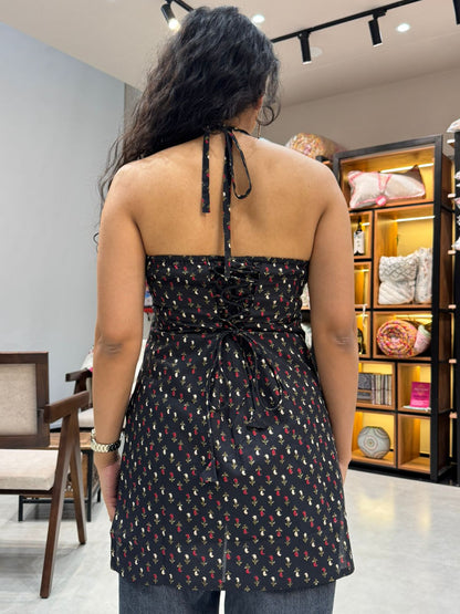 Black Phoolwari Halter Neck Cotton Top