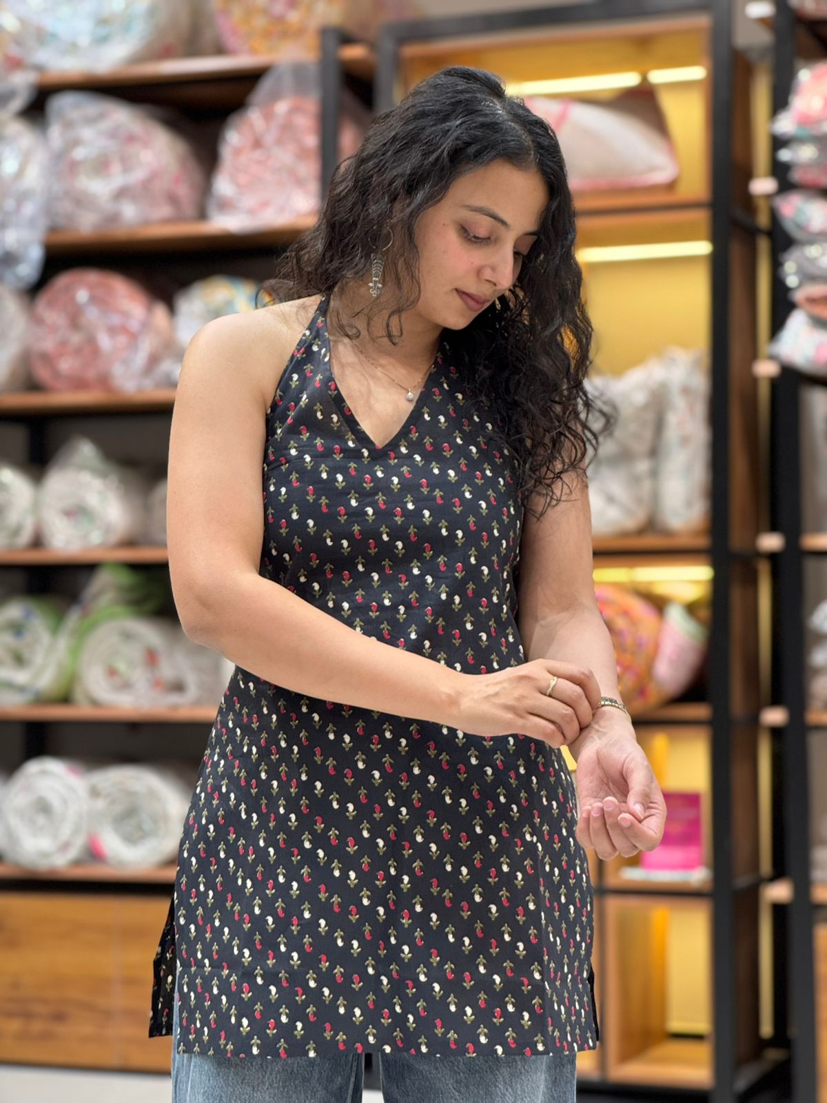 Black Phoolwari Halter Neck Cotton Top