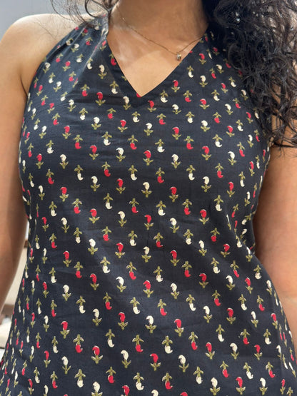Black Phoolwari Halter Neck Cotton Top