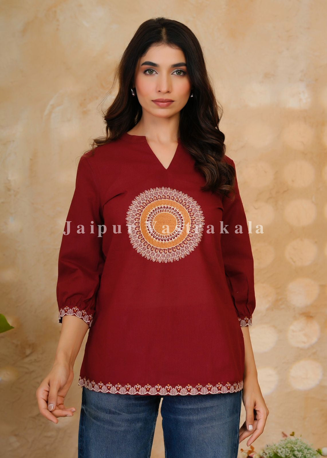 Maroon Mandala Embroidery Cotton Linen Top