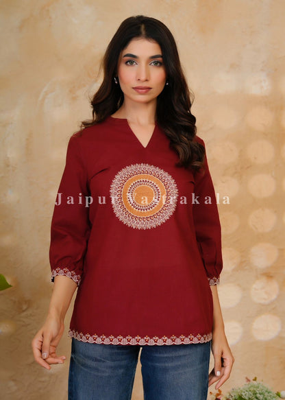 Maroon Mandala Embroidery Cotton Linen Top