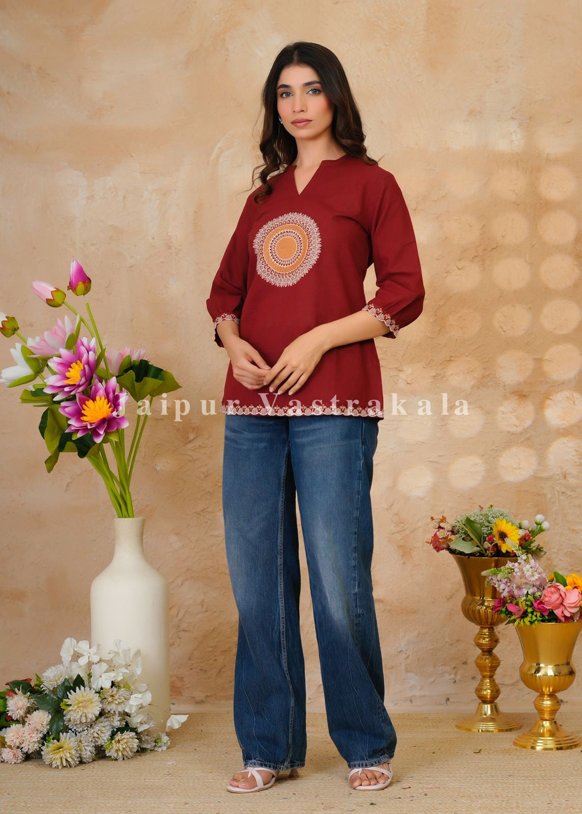 Maroon Mandala Embroidery Cotton Linen Top