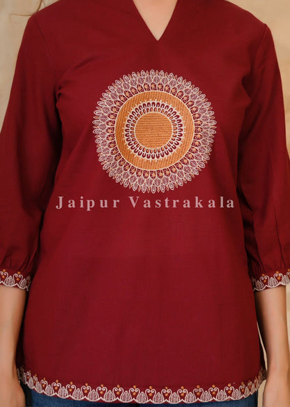 Maroon Mandala Embroidery Cotton Linen Top