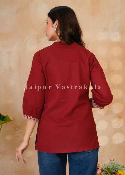 Maroon Mandala Embroidery Cotton Linen Top