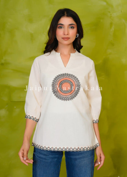 White Mandala Embroidery Cotton Linen Top