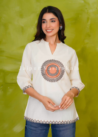 White Mandala Embroidery Cotton Linen Top