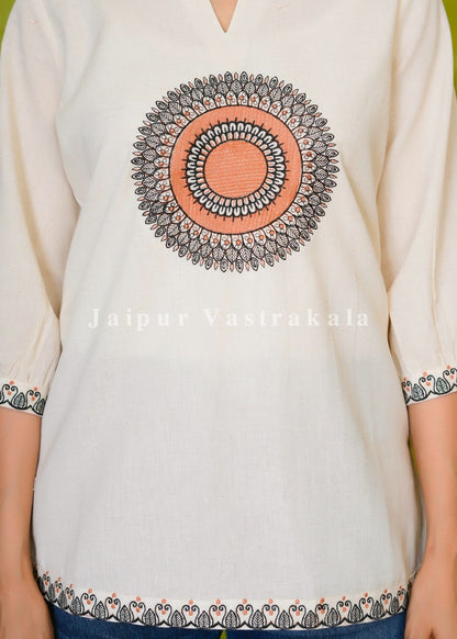 White Mandala Embroidery Cotton Linen Top