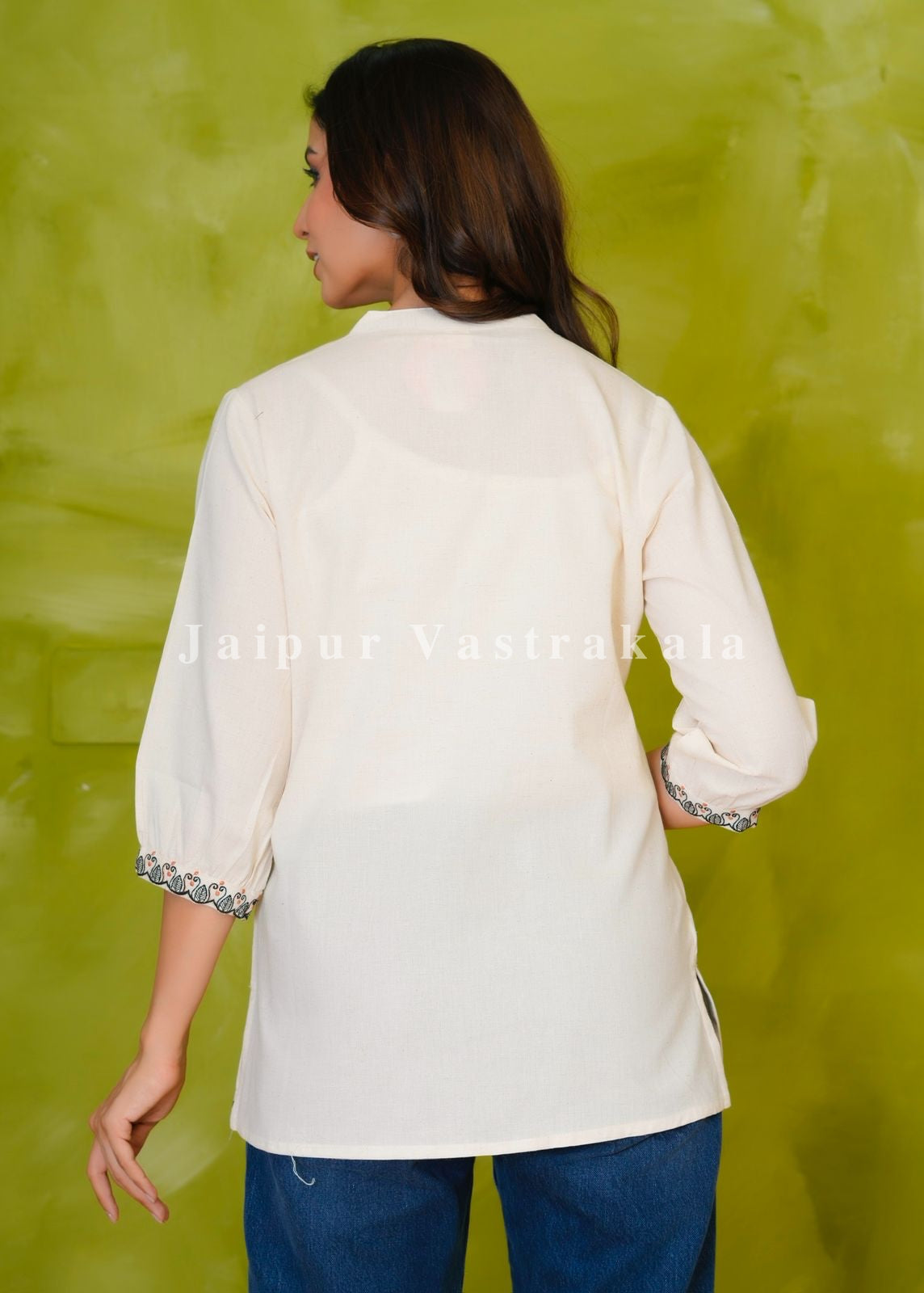 White Mandala Embroidery Cotton Linen Top