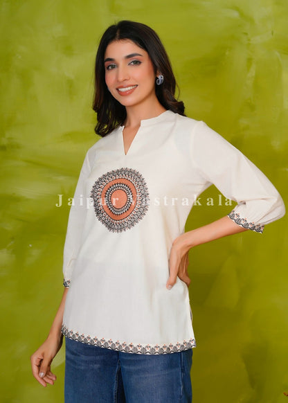 White Mandala Embroidery Cotton Linen Top