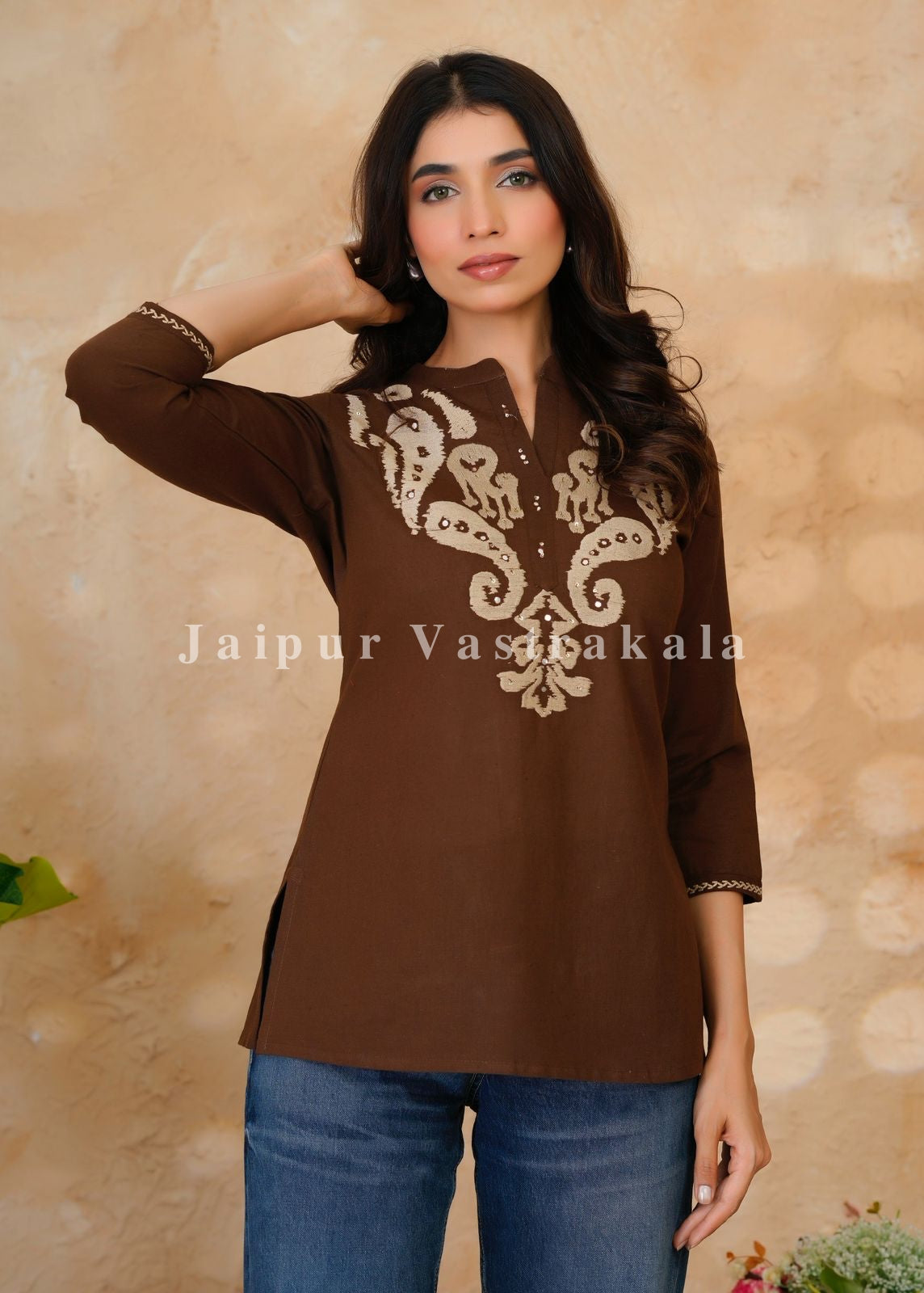 Brown Banjara Embroidery Cotton Linen Top