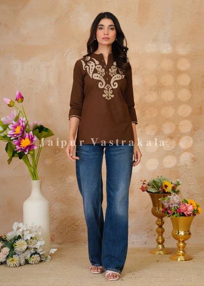 Brown Banjara Embroidery Cotton Linen Top