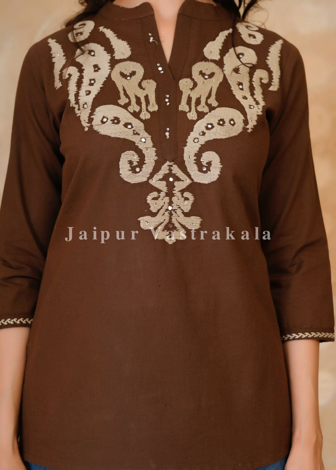 Brown Banjara Embroidery Cotton Linen Top