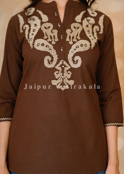 Brown Banjara Embroidery Cotton Linen Top