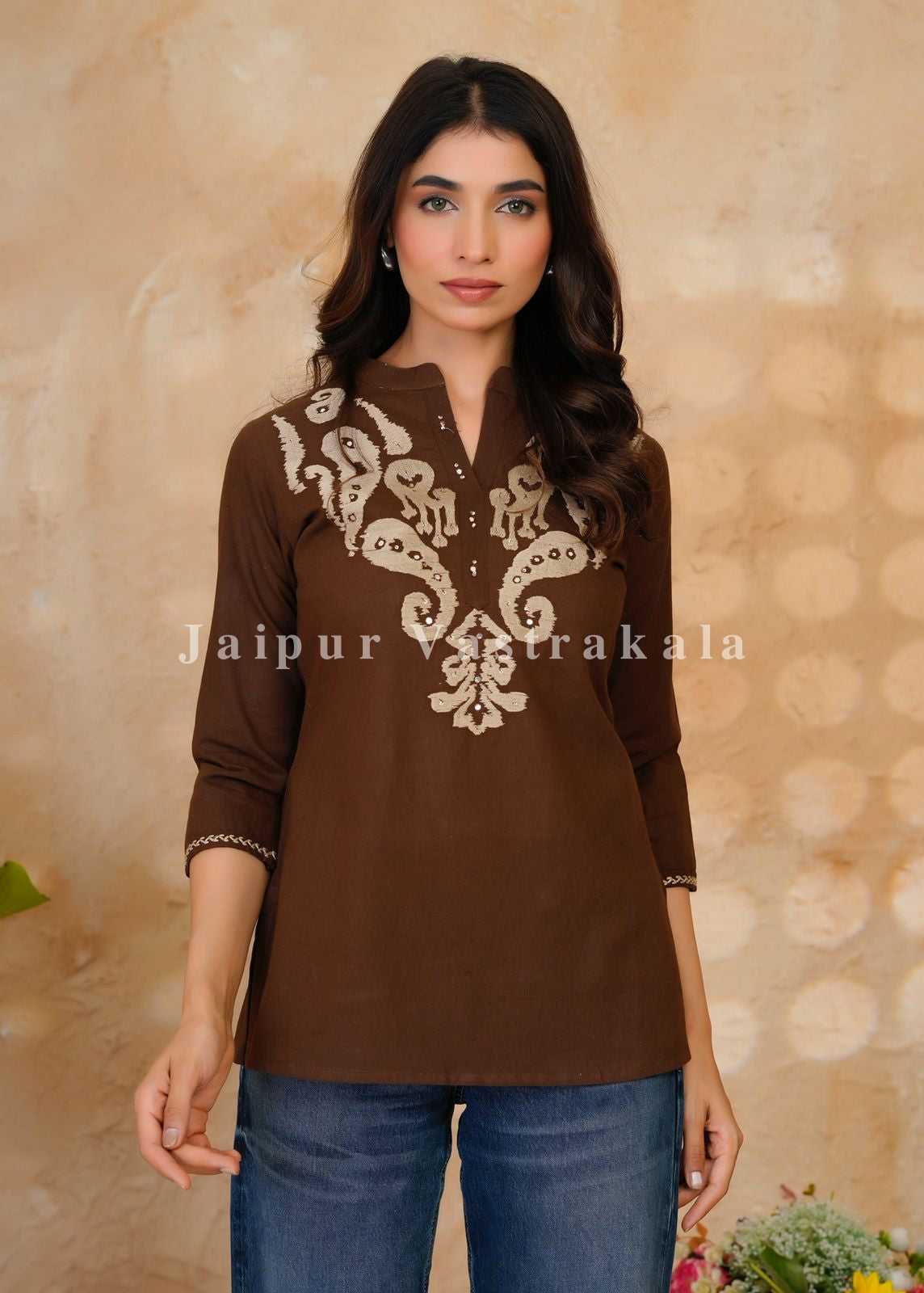Brown Banjara Embroidery Cotton Linen Top