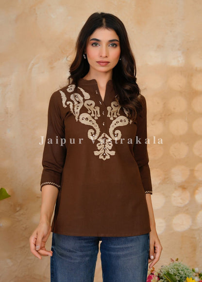 Brown Banjara Embroidery Cotton Linen Top