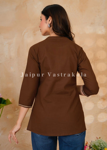 Brown Banjara Embroidery Cotton Linen Top