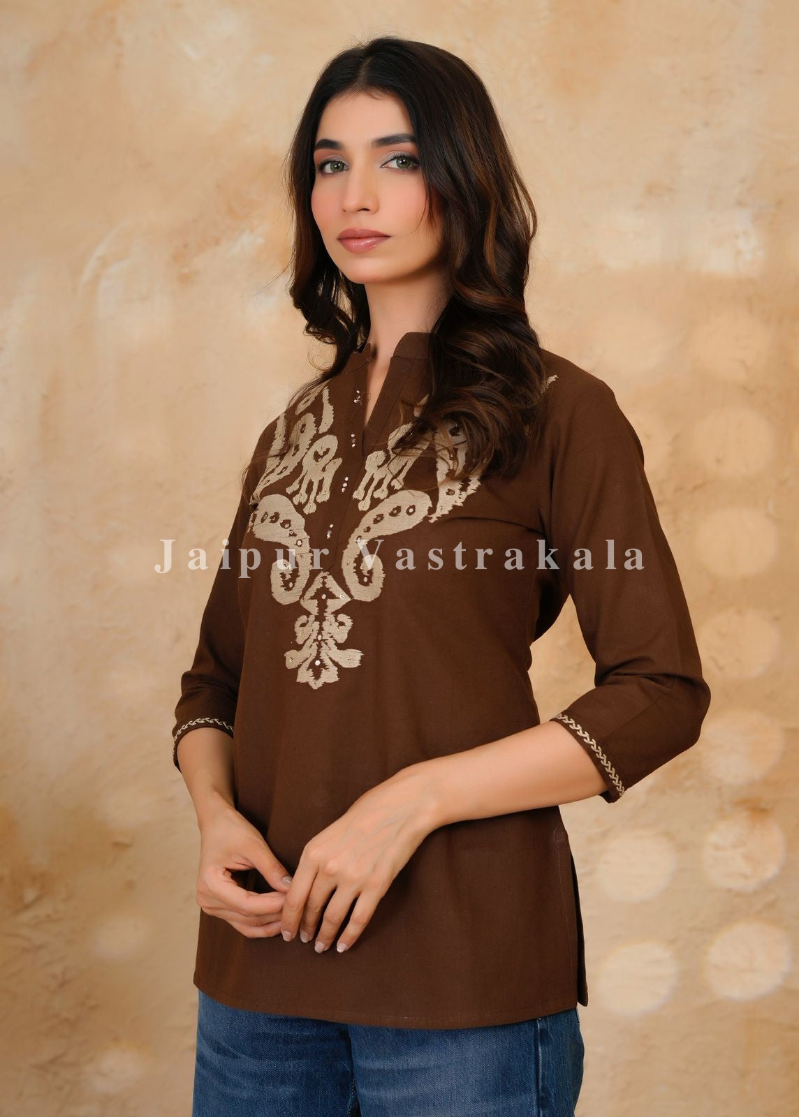 Brown Banjara Embroidery Cotton Linen Top