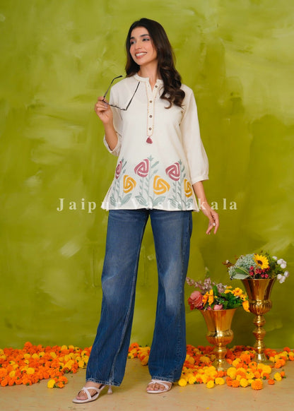 White Tulip Craft Embroidery Cotton Linen Top