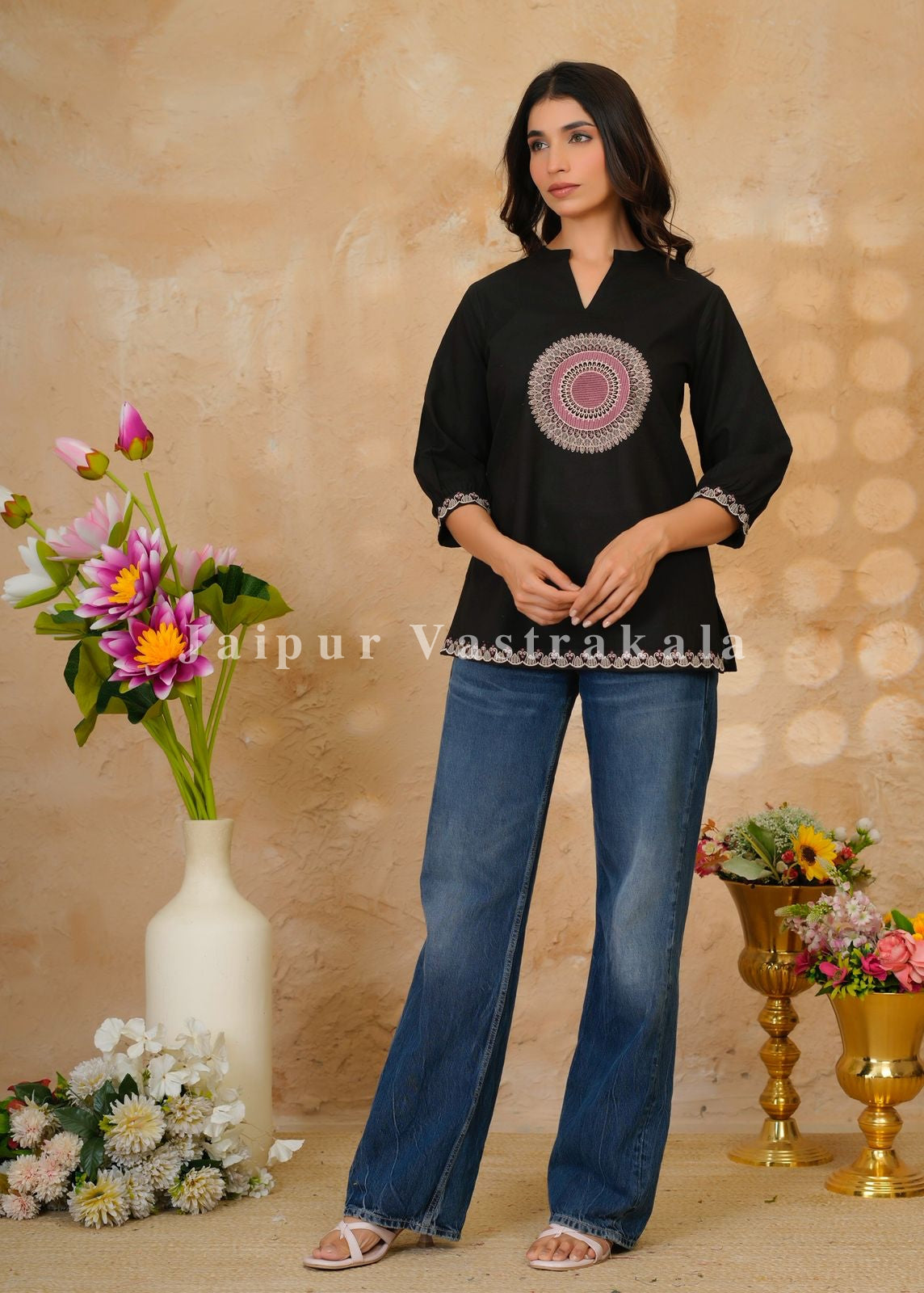Black Mandala Embroidery Cotton Linen Top