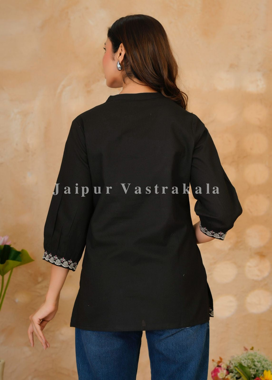 Black Mandala Embroidery Cotton Linen Top