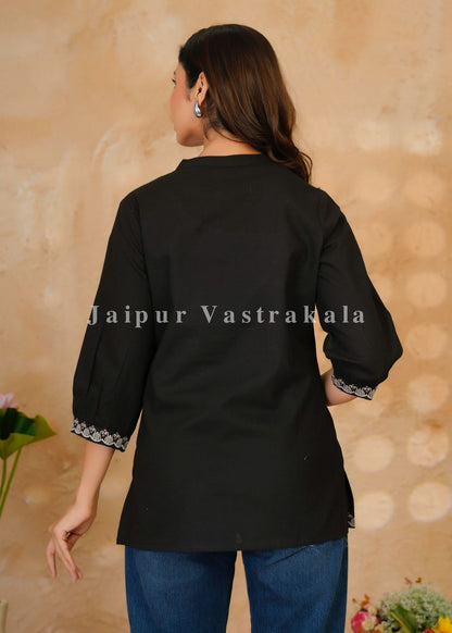 Black Mandala Embroidery Cotton Linen Top