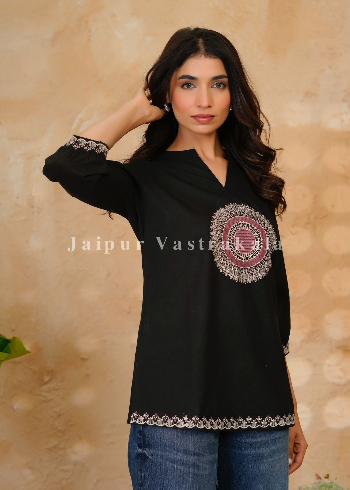 Black Mandala Embroidery Cotton Linen Top