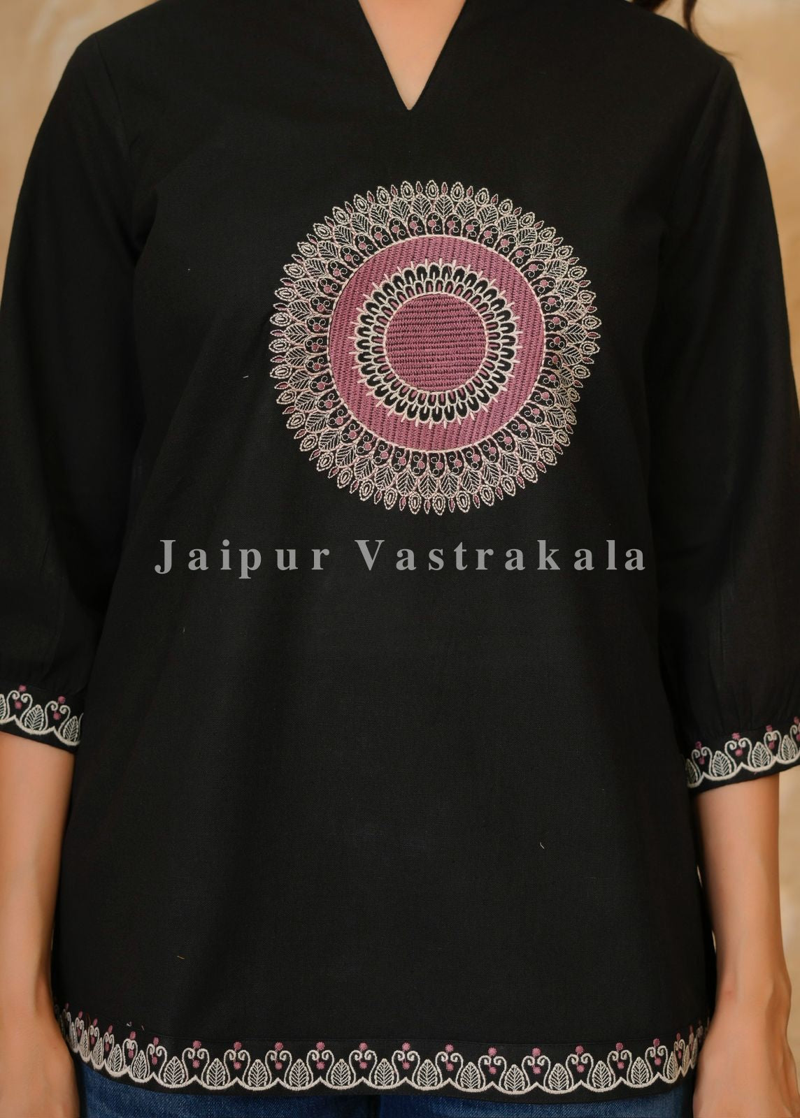 Black Mandala Embroidery Cotton Linen Top