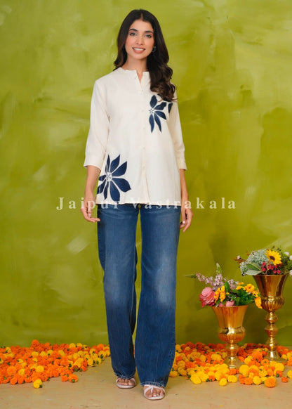 Blue Petals Embroidery Cotton Linen Top