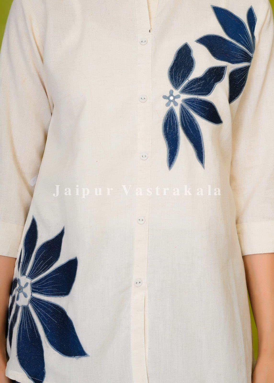 Blue Petals Embroidery Cotton Linen Top