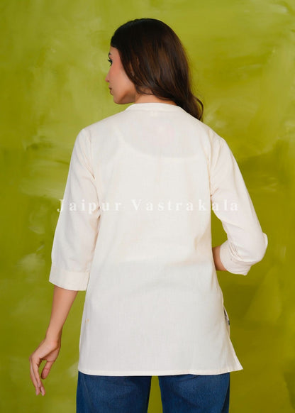 Blue Petals Embroidery Cotton Linen Top