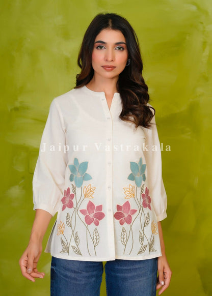 Vibrant Floral Embroidery Cotton Linen Top