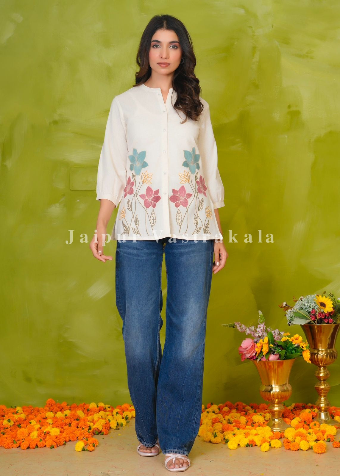 Vibrant Floral Embroidery Cotton Linen Top
