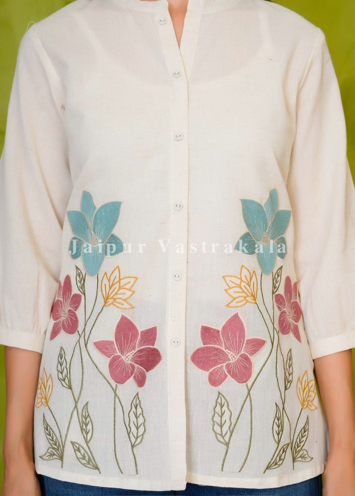 Vibrant Floral Embroidery Cotton Linen Top