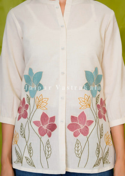 Vibrant Floral Embroidery Cotton Linen Top