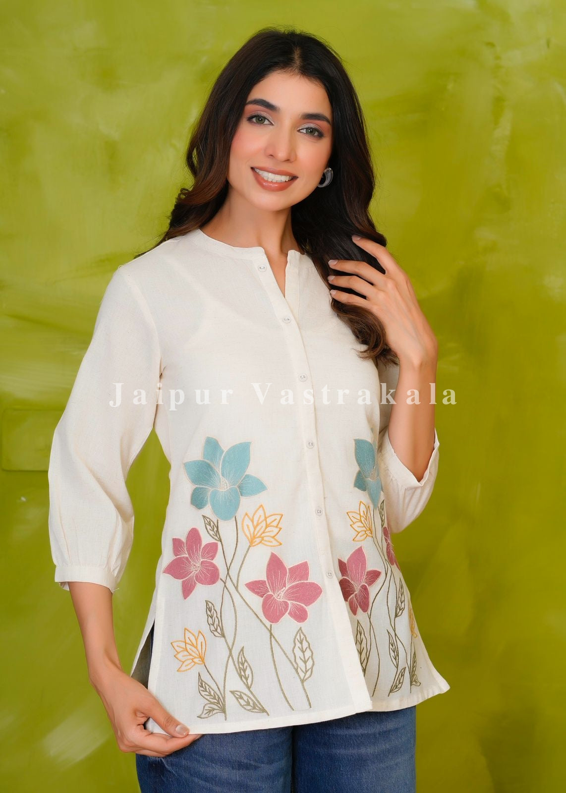 Vibrant Floral Embroidery Cotton Linen Top