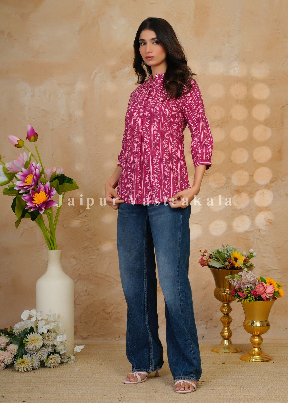 Cranberry Bandhej Veins Cotton Top