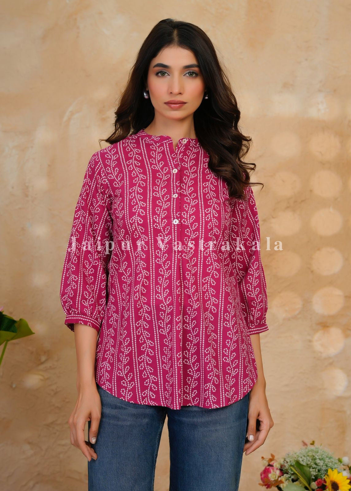 Cranberry Bandhej Veins Cotton Top