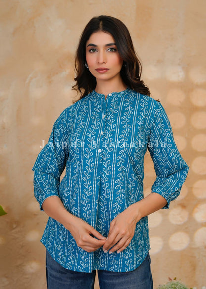 Teal Bandhej Veins Cotton Top