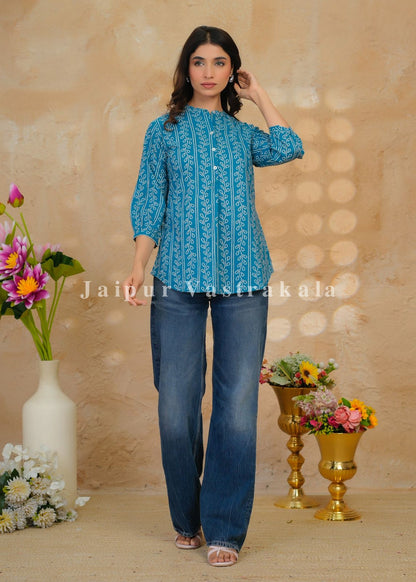 Teal Bandhej Veins Cotton Top