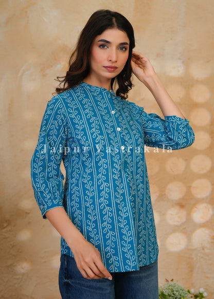 Teal Bandhej Veins Cotton Top