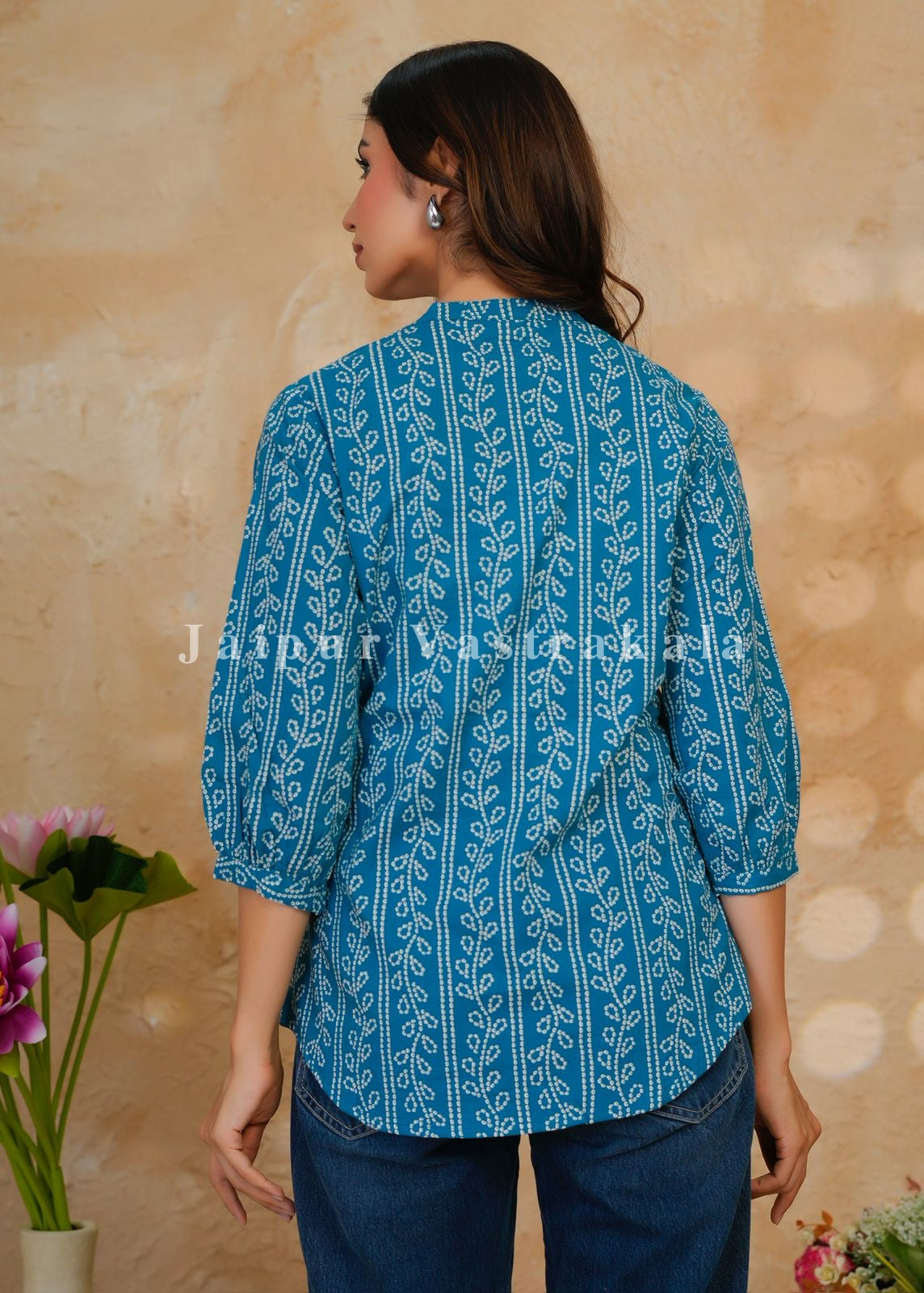Teal Bandhej Veins Cotton Top