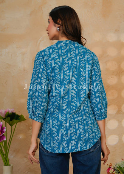 Teal Bandhej Veins Cotton Top