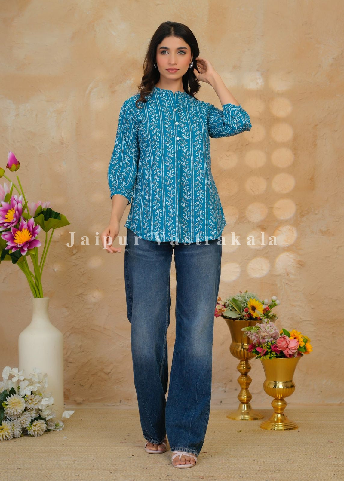 Teal Bandhej Veins Cotton Top