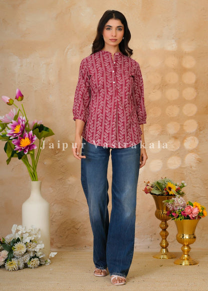 Maroon Bandhej Veins Cotton Top