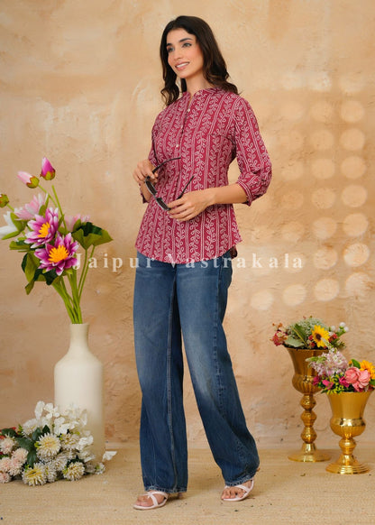 Maroon Bandhej Veins Cotton Top