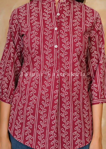 Maroon Bandhej Veins Cotton Top