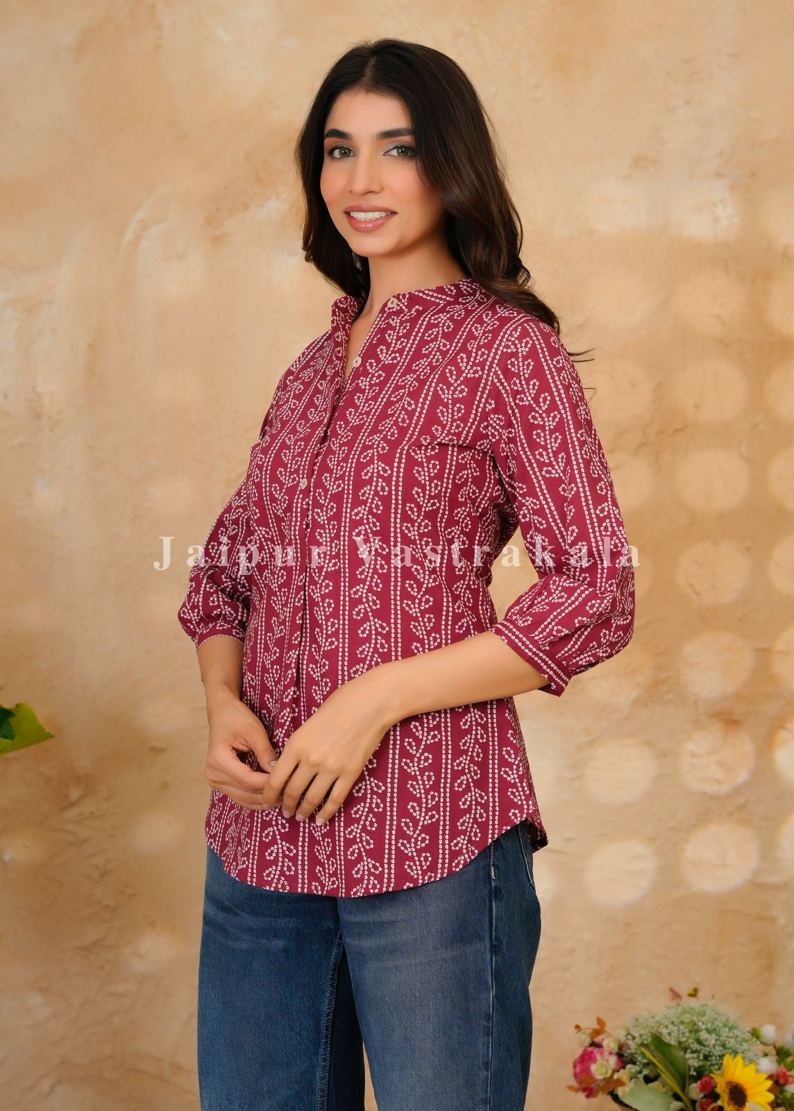 Maroon Bandhej Veins Cotton Top