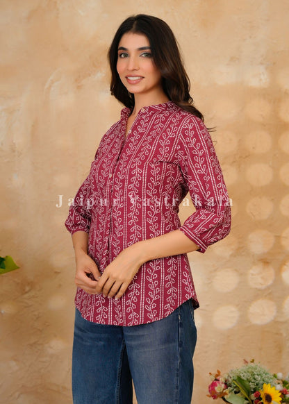 Maroon Bandhej Veins Cotton Top